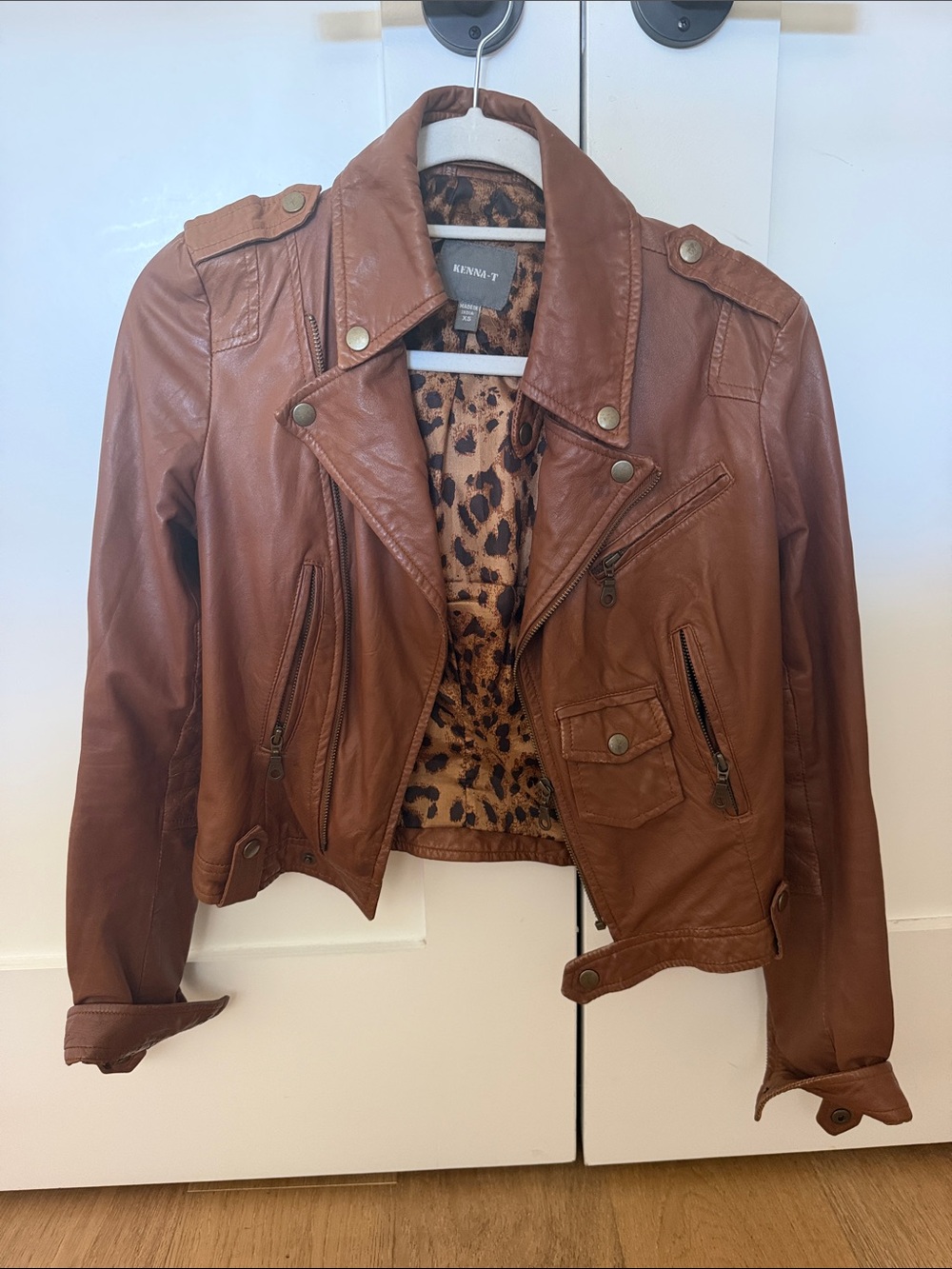 Kenna-T Cognac Brown Leather Moto Jacket with Leopard Lining